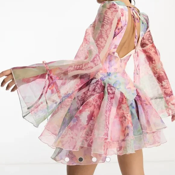 ASOS LUXE CURVE cupped organza mini dress in floral scarf print - Picture 3 of 4